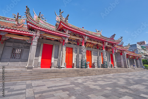 Taipei, Taiwan - November 29, 2018: Beautiful five red gate of Xingtian temple in Zhongshan district in Taipei city, Taiwan