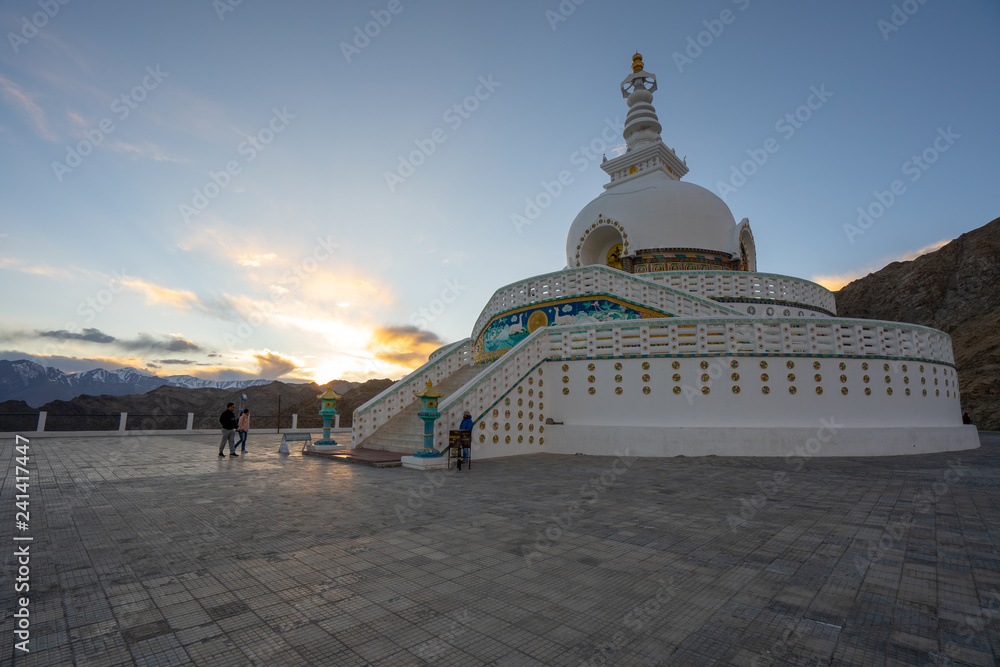 A view of Shanti Stupa on the sunset time in Leh, Ladakh, India A view of Shanti Stupa on the sunset time in Leh, Ladakh, India