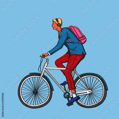 young man riding a bike. retro design pen drawing vector illustration
