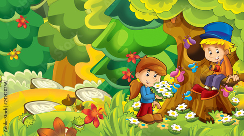 cartoon nature background with kids having fun in the forest - illustration for children