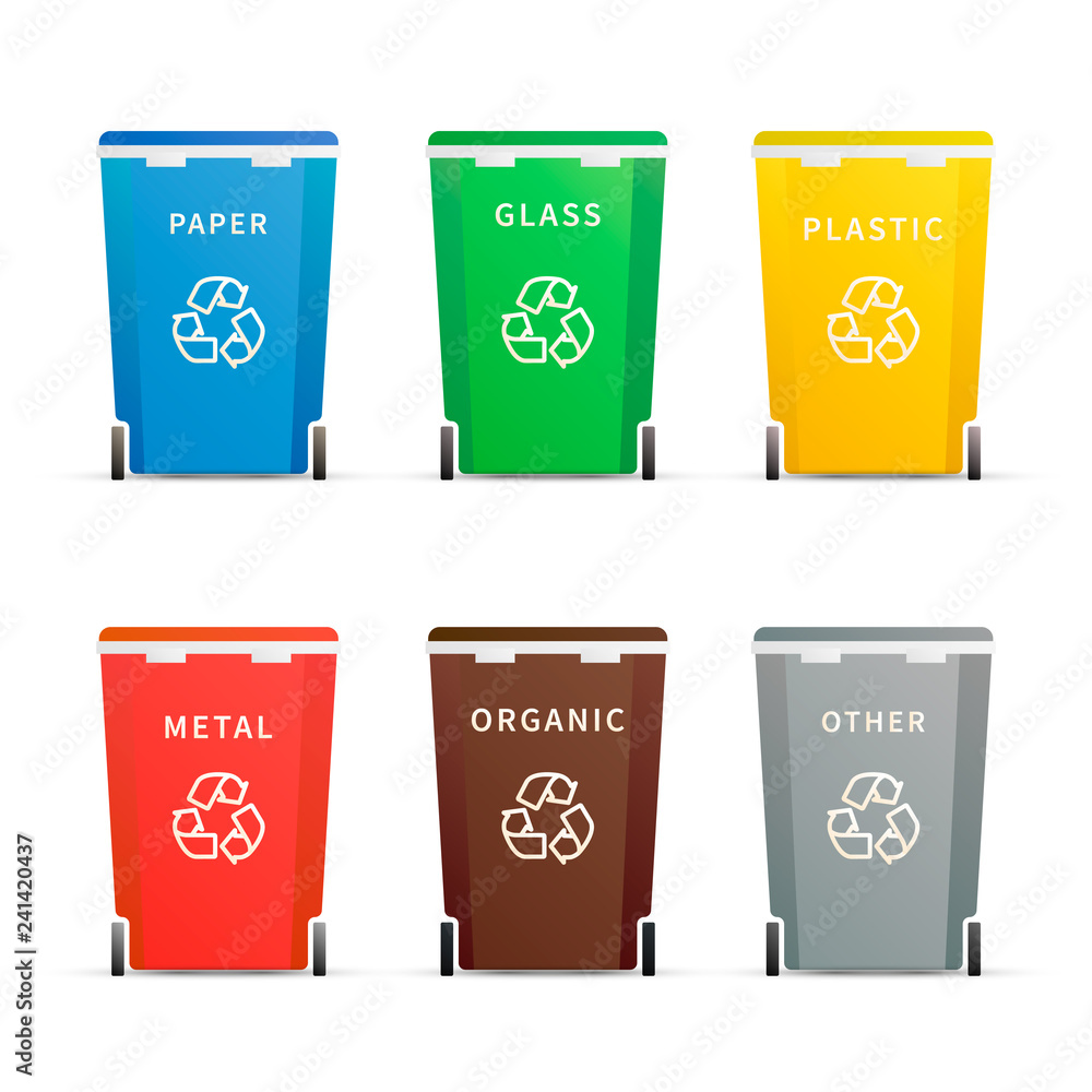 Set of different colourful trash containers for different types of waste on white Set of different colourful trash containers for different types of waste on white