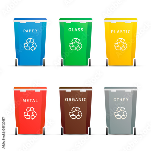 Set of different colourful trash containers for different types of waste on white