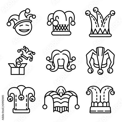 Jester icon set. Outline set of jester vector icons for web design isolated on white background