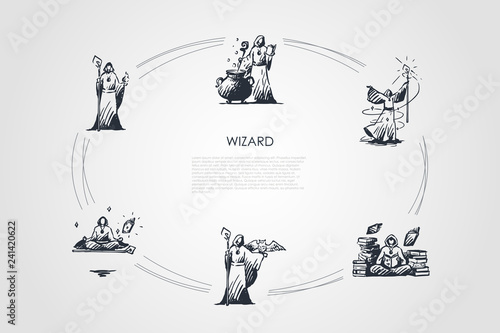 Wizard - wizard in special costume cooking potion in cauldron, standing with magic wand and with owl on hand, meditating, moving objects in space, taking off into air vector concept set