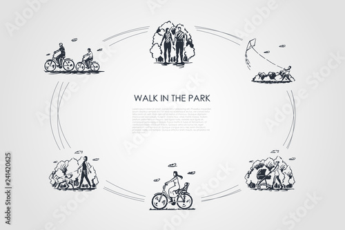 Walk in the park - people riding bicycles, walking with baby carriage, flying kites, walking dog vector concept set