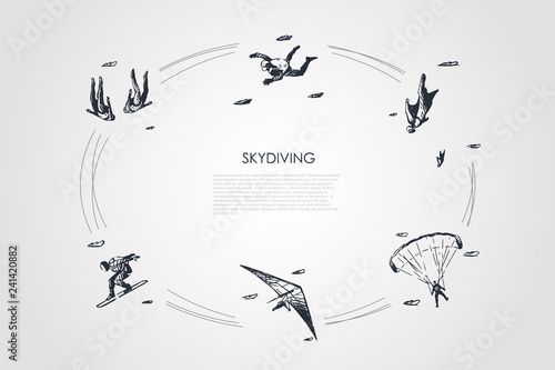 Skydiving - people in air jumping with parachute and skydiving vector concept set