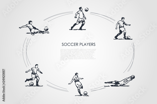 Soccer players - male sportsmen in traditional clothing in different poses with soccer ball vector concept set