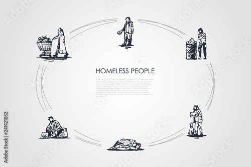 Homeless people - people begging for money and food, sleeping on street, warming up near fire, collecting garbage vector concept set