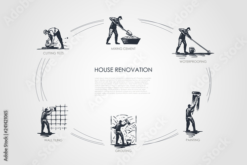 House renovation - cutting tiles, mixing cement, waterproofing, painting, grouting, wall tiling vector concept set