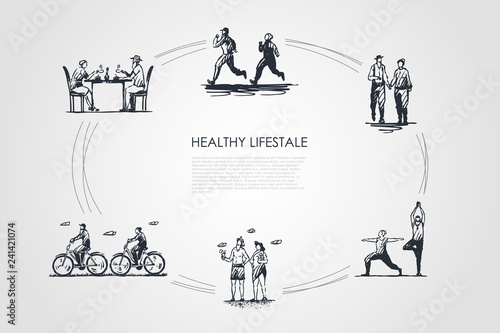 Healthy lifestyle - people jogging, walking, doing yoga, sunbathing, riding bicycles and drinking tea vector concept set