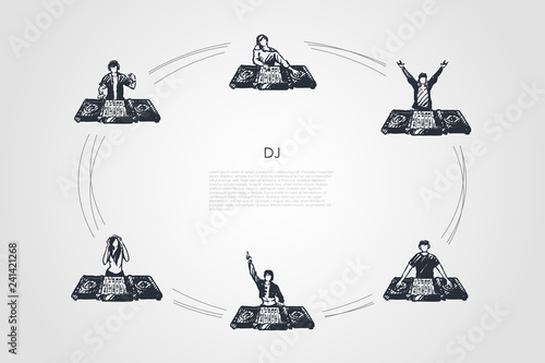DJ - men and women DJs in headphones playing music vector concept set