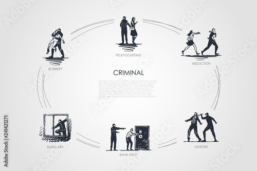 Criminal - pickpocketing, abduction, murder, bank helst, burglary, robbery vector concept set