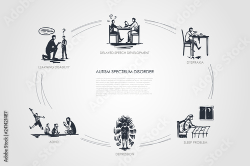Autism spectrum disorder - delayed speech development, dyspraxia, sleep problem, depression, adhd, learning disability vector concept set