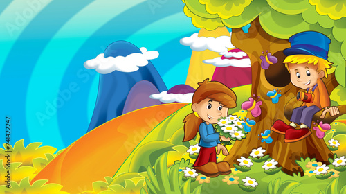 cartoon autumn nature background in the mountains with kids having fun with space for text - illustration for children