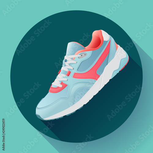 fitness sneakers shoes for training running shoe flat design with long shadow. Fitness app