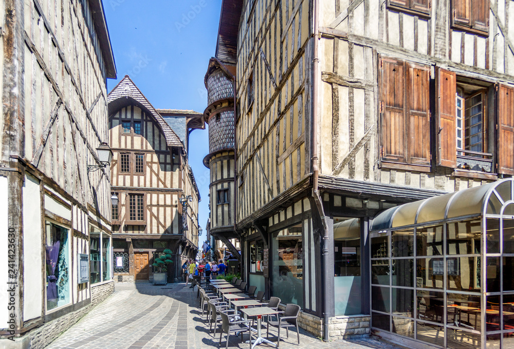 Narrow street of charming Troyes, France