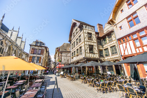 Half timbered medieval houses at market square in charming Troyes, France