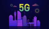 5g internet connected with smart city concept, 5g icon on top of the town.