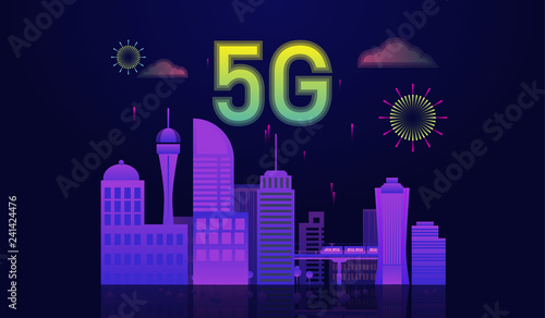 5g internet connected with smart city concept, 5g icon on top of the town.