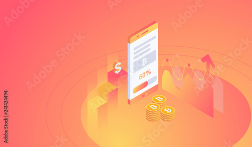 Isometric bitcoin mining on smartphone concept. vector illustration