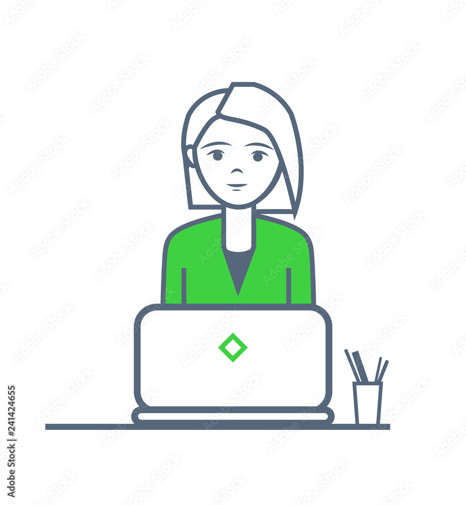 Woman Working on Laptop by Table Isolated Vector Woman Working on Laptop by Table Isolated Vector