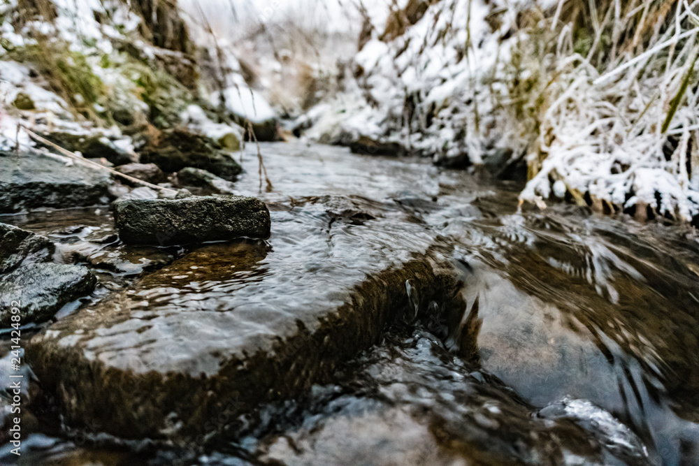 Eternally warm stream flowing from a hot spring in winter. Non-freezing winter grass. Eternally warm stream flowing from a hot spring in winter. Non-freezing winter grass.