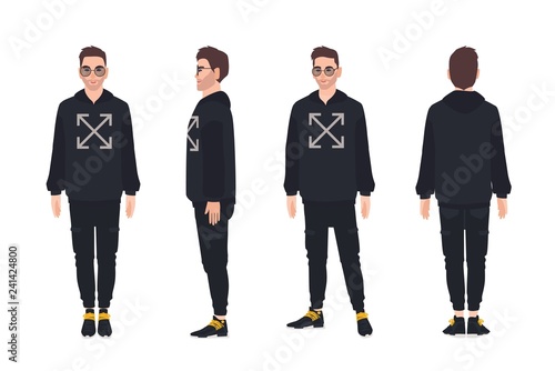 Download Cute Man Wearing Hoodie And Sunglasses Stylish Guy Dressed In Trendy Clothes Male Cartoon Character Isolated On White Background Street Style Outfit Front Side Back Views Vector Illustration Stock Vector Adobe