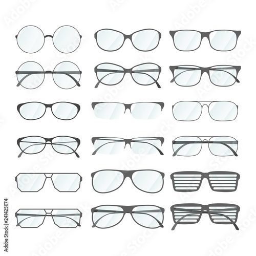 Set of rim glasses in different style on white