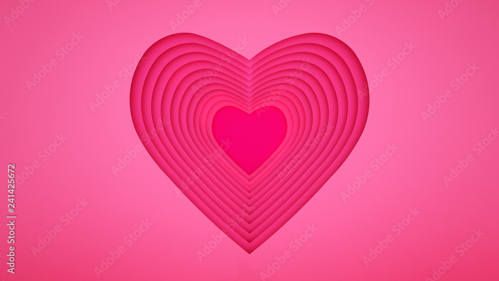 Pink hearts arranged in layers. Artwork for Valentine's Day. 3D illustration.