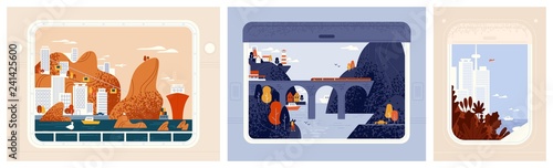 Collection of train, aircraft or ship window views on beautiful cities, urban landscapes. Around the world trip, travel or journey through beautiful places. Modern vector in flat cartoon style.
