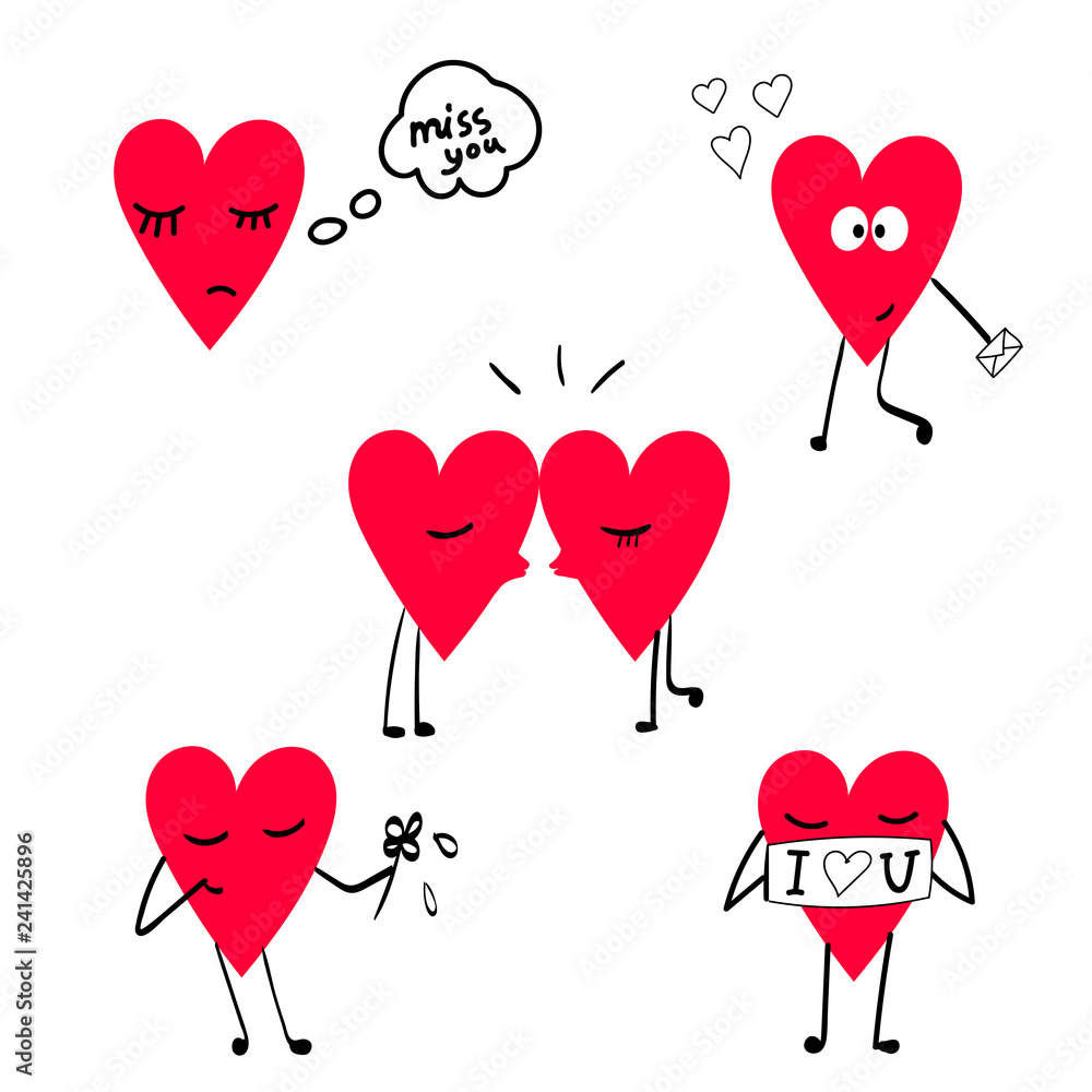 Funny red hearts do different actions, isolated over white background. Picture for Saint Valentine day. Love concept. Be my valentine