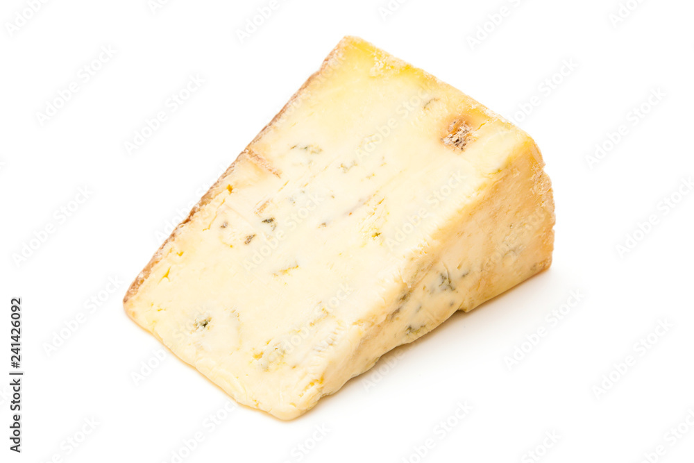 Mature blue stilton cheese isolated on a white studio background.