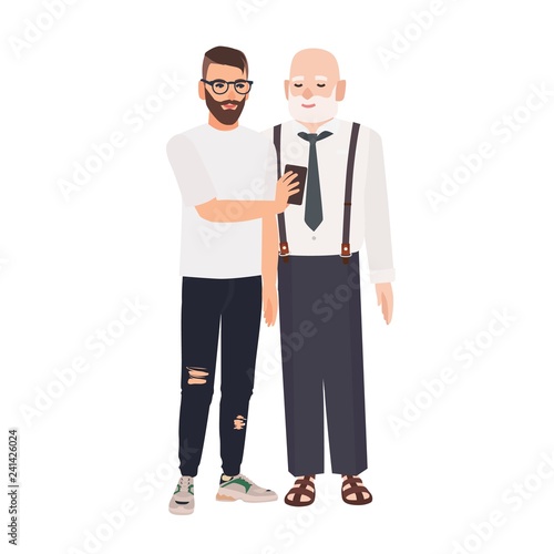 Grandson demonstrating smartphone to his grandfather. Cute smiling elderly ma...