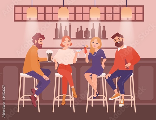 Group of happy men and women dressed in elegant clothing sitting at bar, talking and drinking alcoholic beverages. Friends having fun at pub together. Flat cartoon characters. Vector illustration.