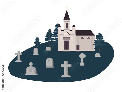 Old graveyard, cemetery or churchyard with graves, headstones or gravestones and Christian church, kirk or chapel
