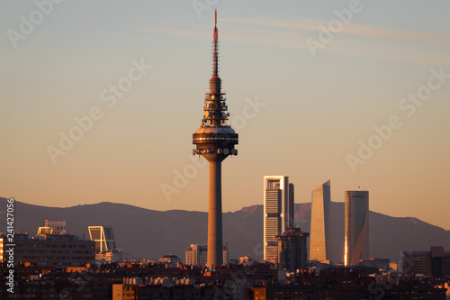 Madrid urban skyline at sunset
