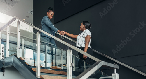 Executive african american woman shaking hands with welcoming smile on a staircase