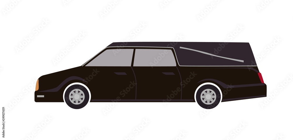 Black hearse isolated on white background. Automobile carrying dead