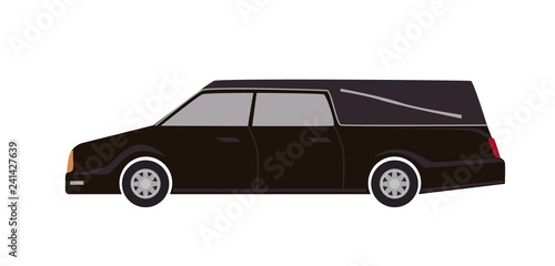 Black hearse isolated on white background. Automobile carrying dead body. First Call vehicle, funeral transport, burial transportation service. Colorful vector illustration in flat cartoon style.