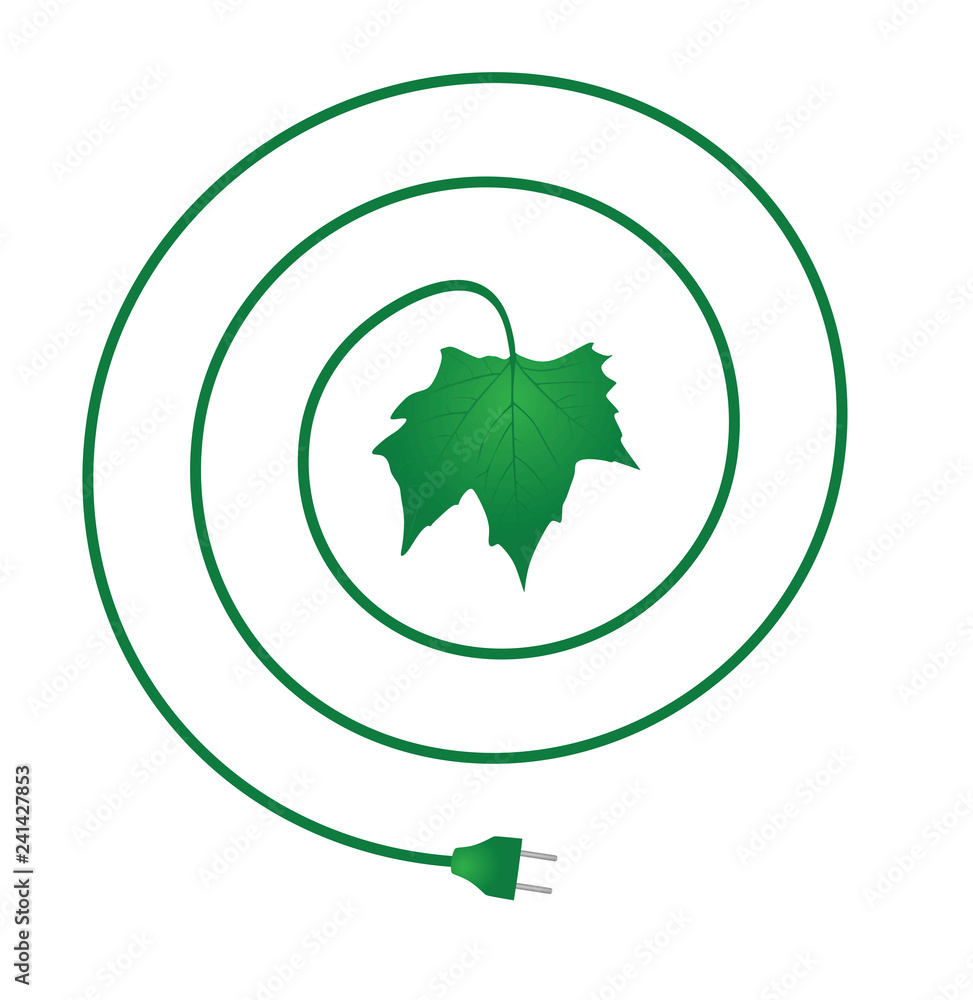 Obraz premium Green leaf with electrical plug. vector