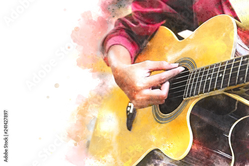 Close up beautiful woman playing acoustic guitar on walking street on watercolor painting background.