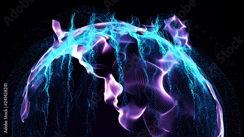 Imitation an abstract wave on dark background. Network Design with Particle. Big data. Abstract bright shine in black space. 3D rendering .