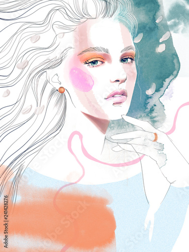 Young beautiful woman fashion-illustration watercolour draw portrait