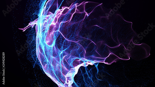 Imitation an abstract wave on dark background. Network Design with Particle. Big data. Abstract bright shine in black space. 3D rendering .