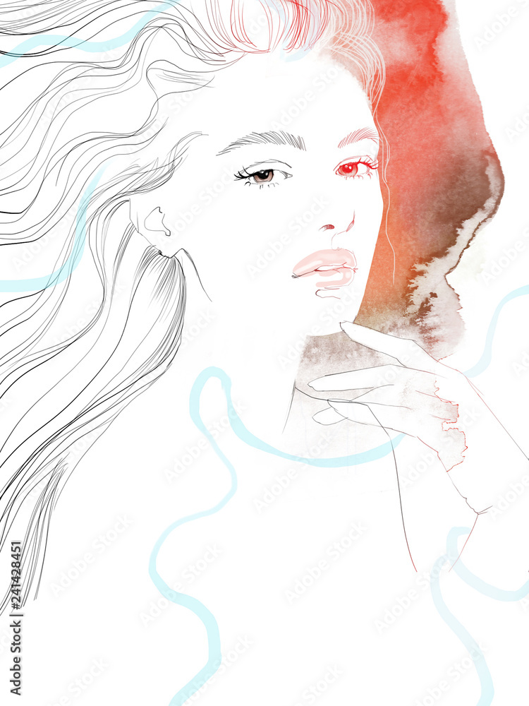 Young beautiful woman fashion-illustration watercolour draw portrait
