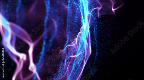 Imitation an abstract wave on dark background. Network Design with Particle. Big data. Abstract bright shine in black space. 3D rendering .