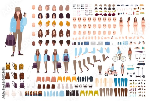 Young hipster woman creation kit. Collection of flat female cartoon character body parts, facial gestures, postures, clothing, stylish accessories isolated on white background. Vector illustration.
