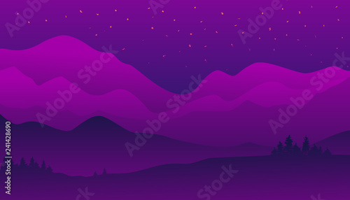 Landscape background, beautiful view, nature panorama, night stars sky, mountains forest and hills. Vector illustration