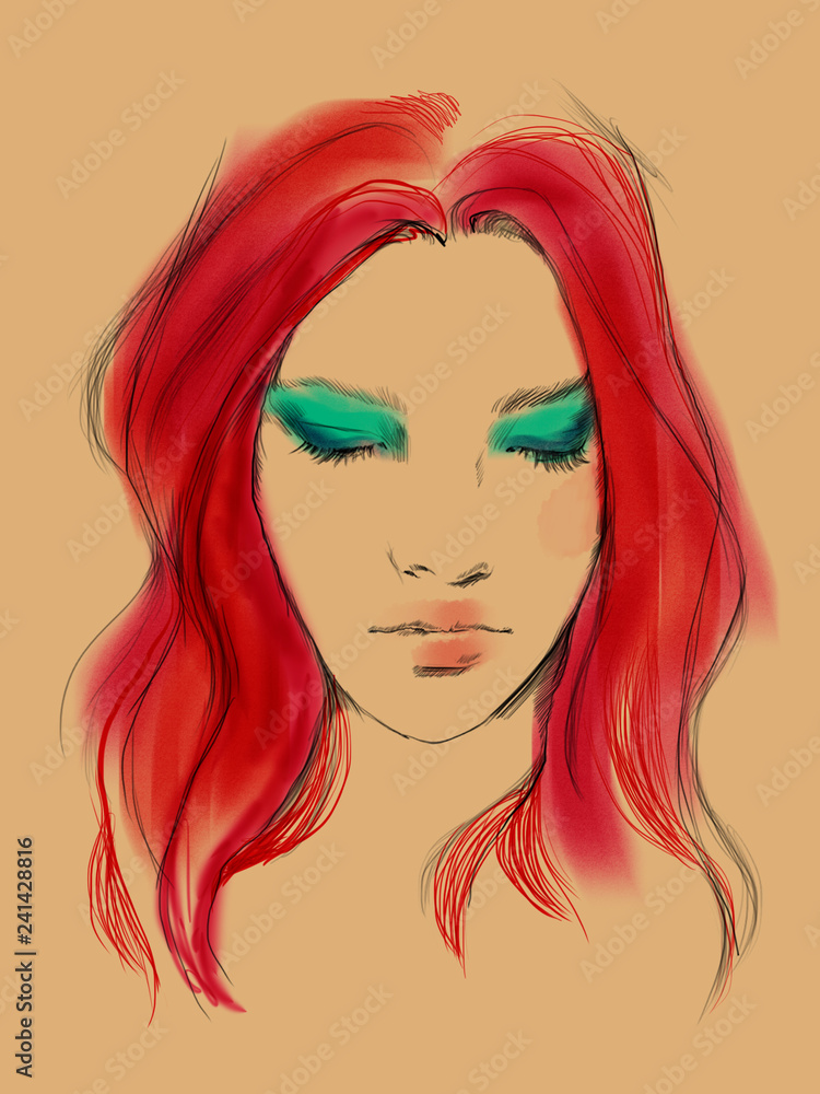 Obraz premium Young beautiful woman fashion-illustration watercolour draw portrait 