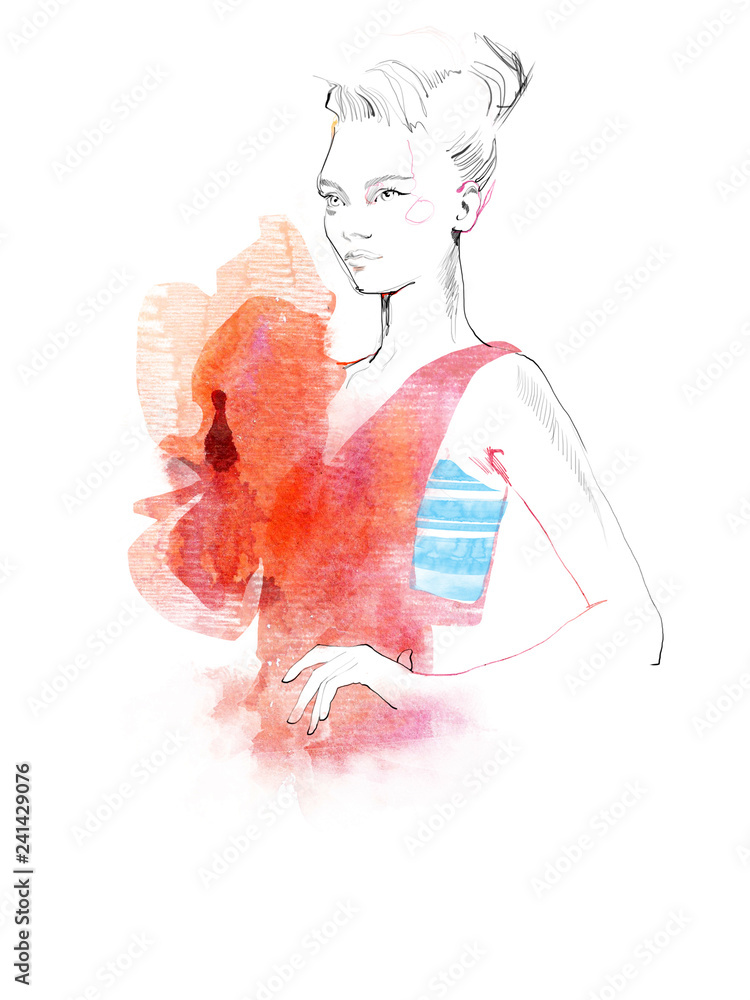 Young beautiful woman fashion-illustration watercolour draw portrait Young beautiful woman fashion-illustration watercolour draw portrait